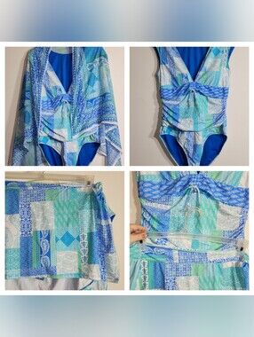 Bleu Rod Beattie 3-Piece Swim Suit Set One-Piece W/ Skirt & Coverup Size 14